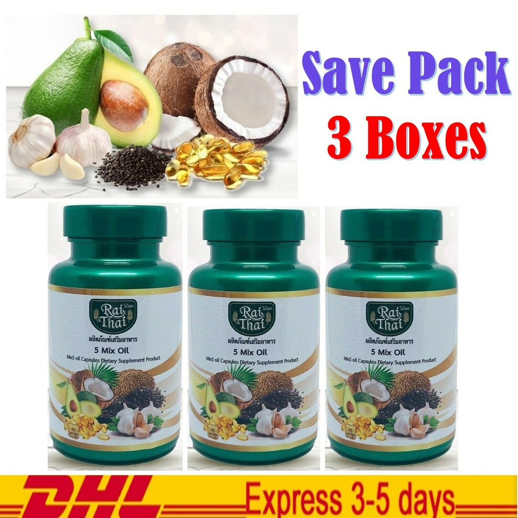 3x Raithai 5 Mix Oil Dietary Supplement Black Sesame Garlic Coconut Oil Natural