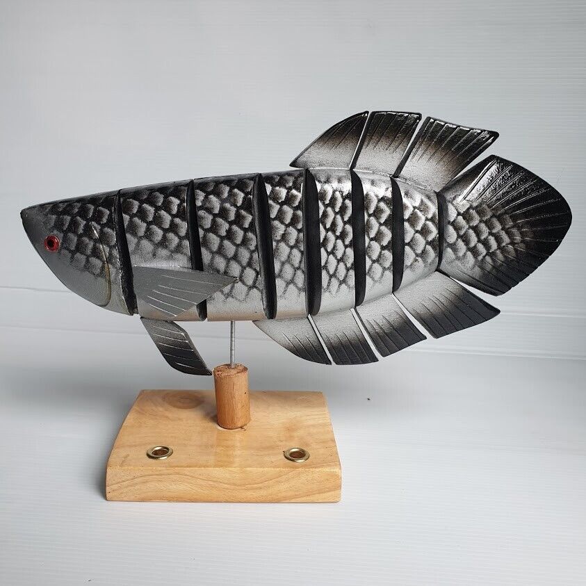 Fish Stand Hand Teak Wooden Art Sculpture Wood Handmade Thai Hand Carved