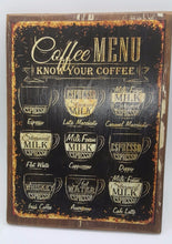 Load image into Gallery viewer, Coffee Menu Image Sign Metal Retro Cafe Poster Tin Plate Shop Decor Plaque Enjoy