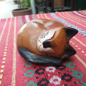 Wooden Cat Head Bend Hand Carved Rain Tree Wood Home Decor Collectible Gift Cute