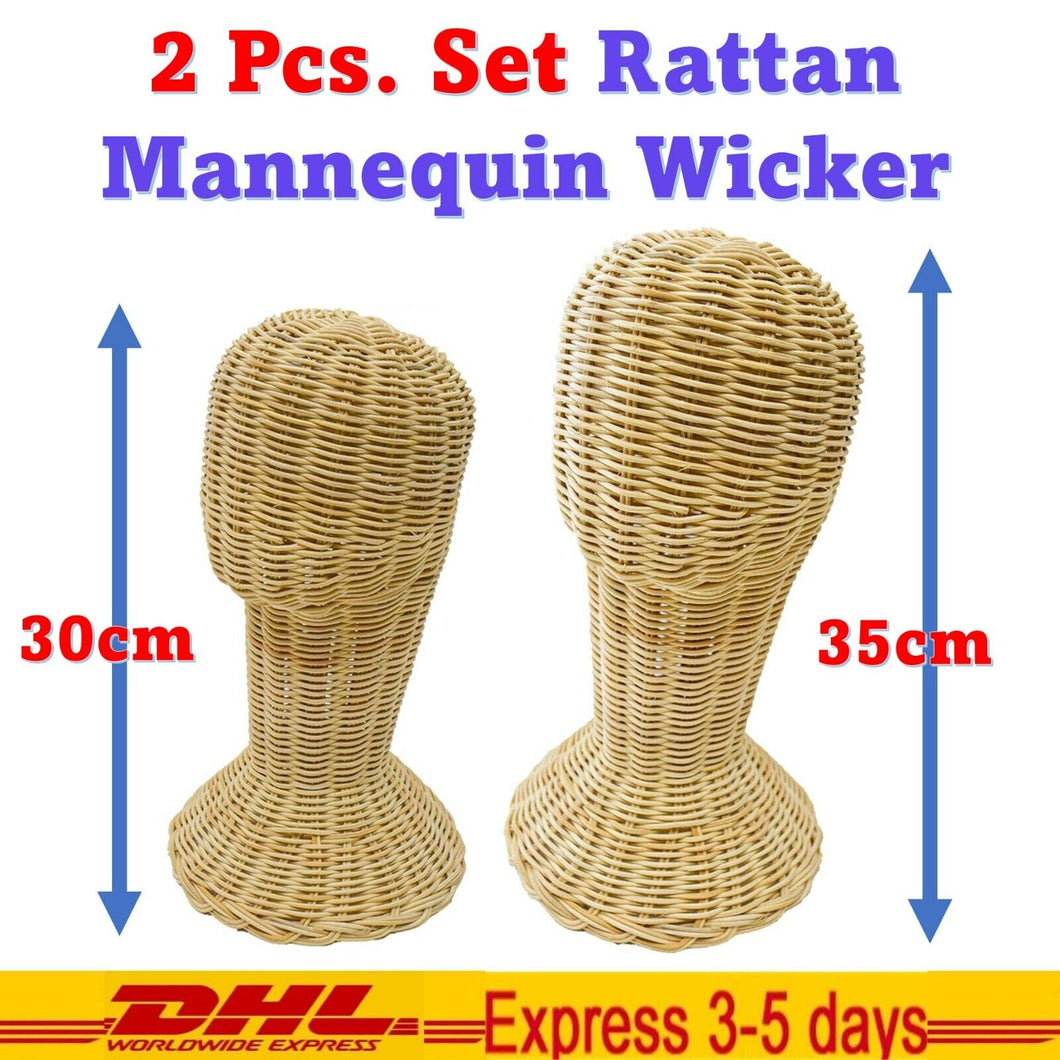 2pcs Vintage Mannequin Wicker Head Wig Holder Natural Rattan Hat Display Stand