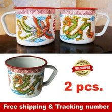 Load image into Gallery viewer, 2x Enamel Mug Cup Camping Trip Gift Coffee Tea Dragon Swan Chinese Traditional