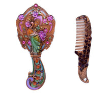 Load image into Gallery viewer, Vintage Vanity Set Peacock Flower Pattern Hand Painted Mirror Comb Brass Make up