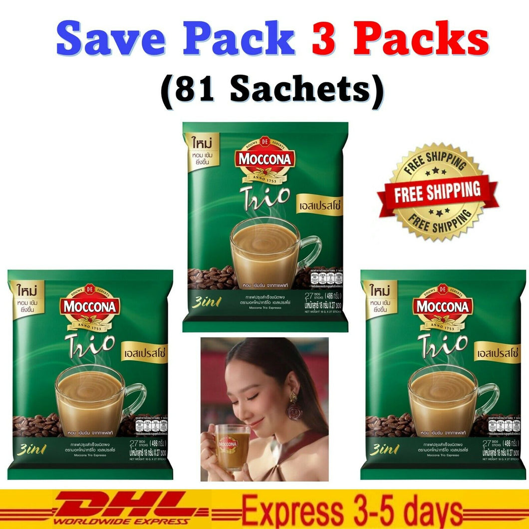 3x Moccona Trio Espresso Coffee 3 in1 Mixed Instant Drink Rich 27 Sachets Halal