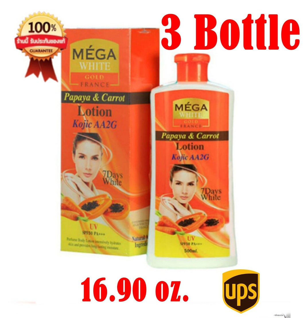 3x MEGA White Gold France Papaya & Carrot SPF50 PA+++ Skin Whitening Body Lotion