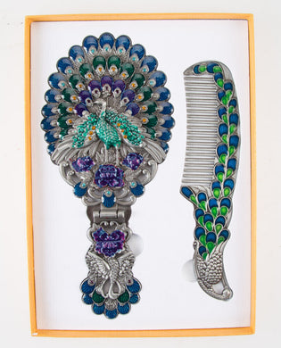 Hand Mirror Comb Set Antique Peacock Painted Sterling Metal Vintage Vanity Plate