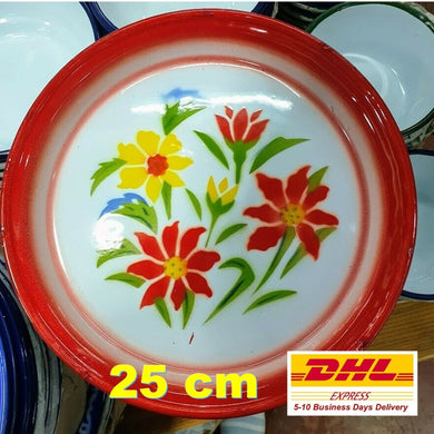 Enamelware Thai Tray Dish Pan Plates Flower Round Floral Serving Red White 25cm