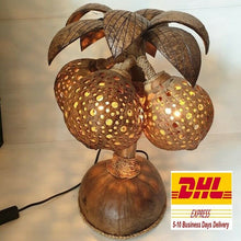 Load image into Gallery viewer, Coconut Tree Sculpture Table Lamp 3 Shades Coconut Shell Tropical Tiki Bar Decor