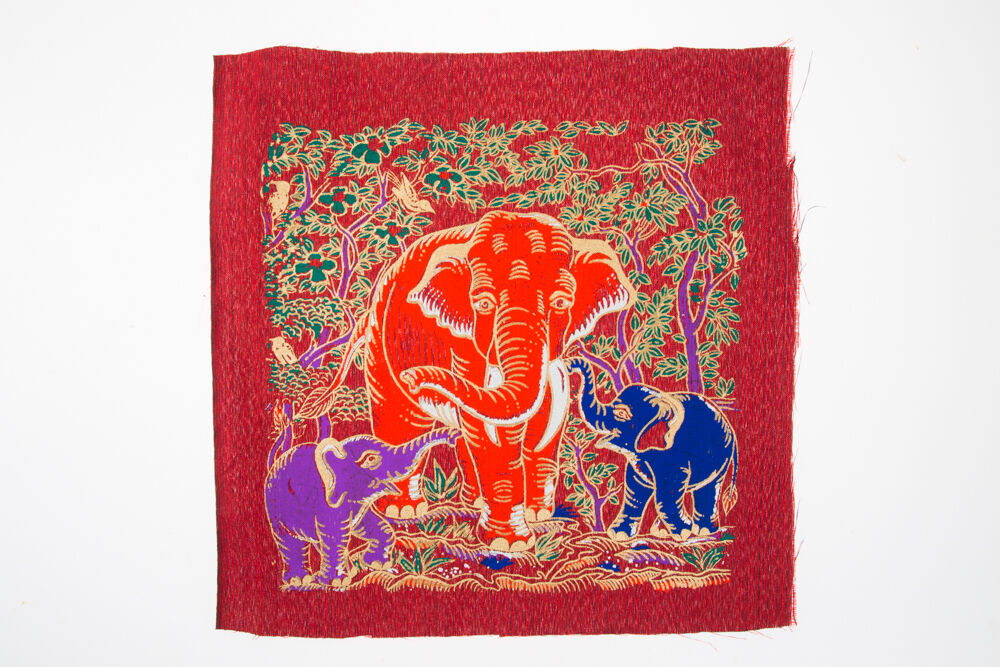 Fabric Red Sacred image Thai Painting Tripple Elephant Gold Picture Wall Art