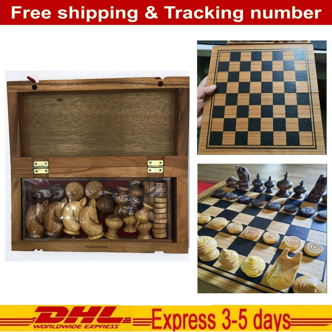 Wooden Chess Set Box Vintage Training Game Board Thai Handmade Brain 30x30.5cm