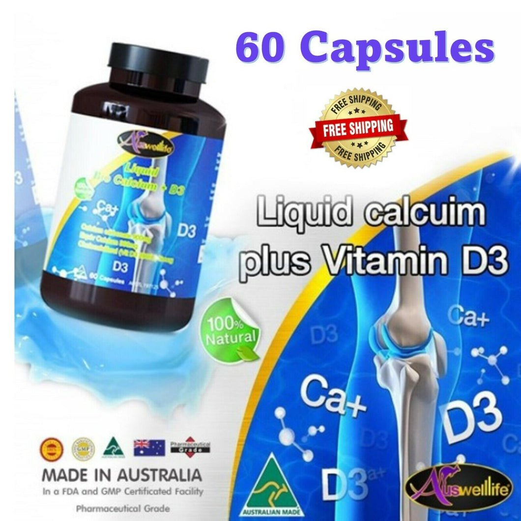 1x AUSWELLLIFE Calcium Plus Liquid 900 mg Vitamin D3 Increase Calcium 60 Caps