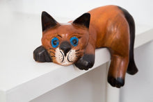 Load image into Gallery viewer, Blue Eye Cat Wood Carved Figurine Desk Table Decor Rest Posture Cute Collectible
