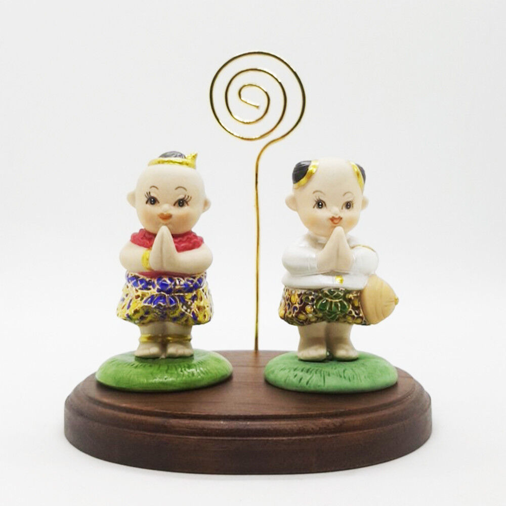 Twin Little Boy & Girl Resin Hand Paint Gold THAI Cute Animal Figure Decor Craft