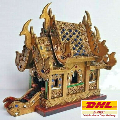 Thai Spirit House Teak Wood Golden Temple Craft Buddhist Altar Handmade Shrine