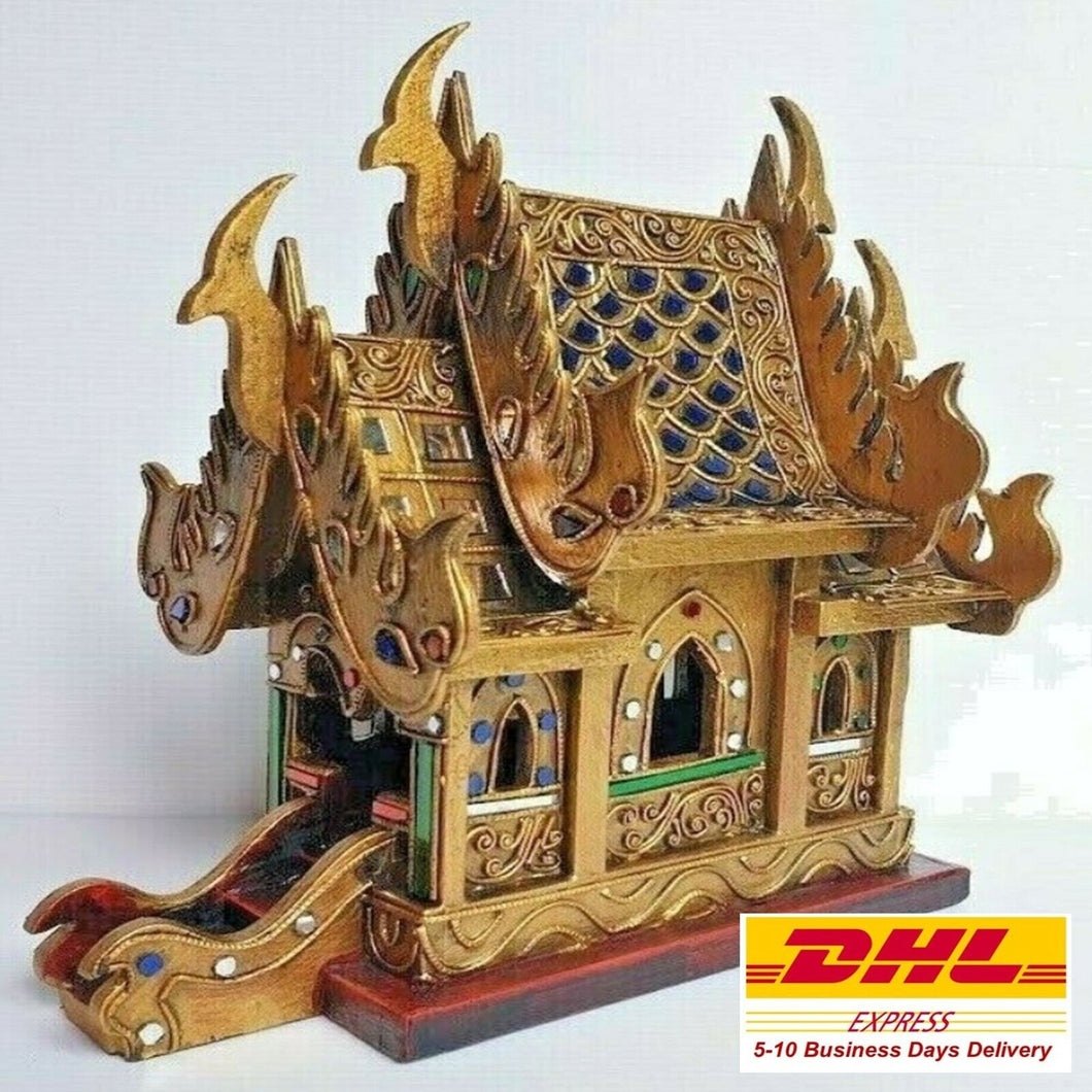 Thai Spirit House Teak Wood Golden Temple Craft Buddhist Altar Handmade Shrine