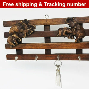 Key Hanger Wall key Teak Wooden elephant Brown Organizer Storage 4 Hooks