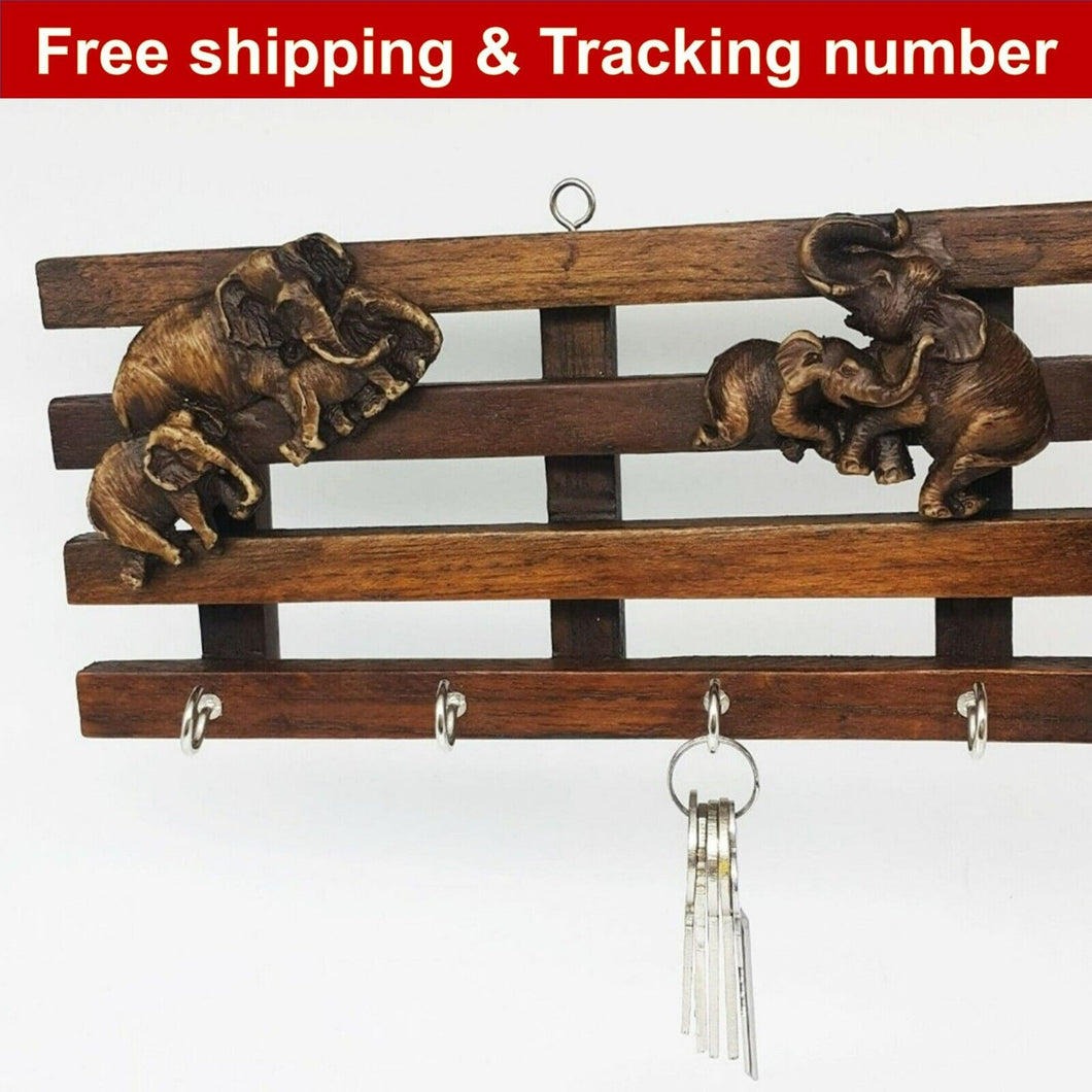 Key Hanger Wall key Teak Wooden elephant Brown Organizer Storage 4 Hooks