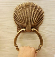 Load image into Gallery viewer, Brass Door Handle Knocker Ring Pull SEA SHELL Figurine Vintage Antique Door Hand