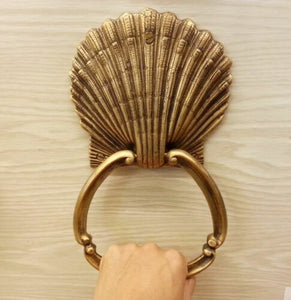 Brass Door Handle Knocker Ring Pull SEA SHELL Figurine Vintage Antique Door Hand