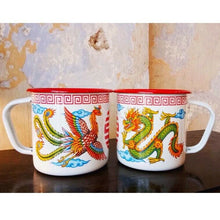 Load image into Gallery viewer, 2x Enamel Mug Cup Camping Trip Gift Coffee Tea Dragon Swan Chinese Traditional