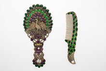 Load image into Gallery viewer, Mirror Comb Hand Antique Set Peacock Painted Sterling Metal Vintage Vanity Plat