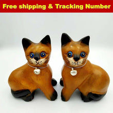 Load image into Gallery viewer, Pair Wooden Cats Hand Carved Statue Figurine Handmade Home Decor Gift So Cute