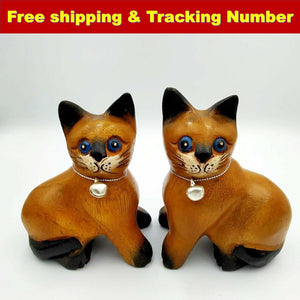 Pair Wooden Cats Hand Carved Statue Figurine Handmade Home Decor Gift So Cute