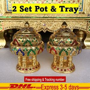 2 Set Pot & Tray Gold Wooden Collectible Vintage Home Decor Buddha Gift Handmade