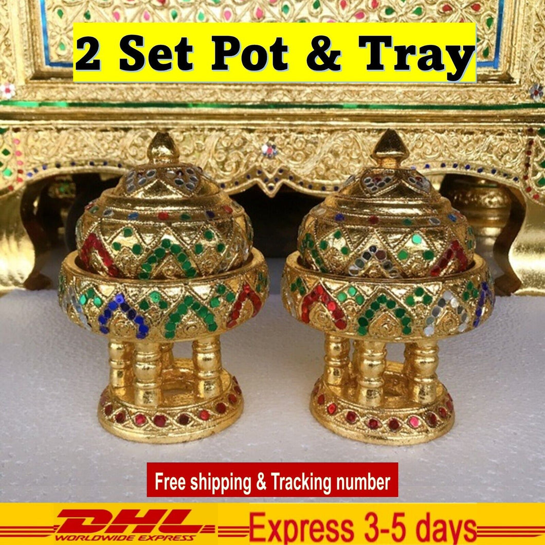 2 Set Pot & Tray Gold Wooden Collectible Vintage Home Decor Buddha Gift Handmade