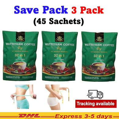 3x Wuttitham Healthy Slimming Instant Coffee 32 in 1 Herbs Weight Control