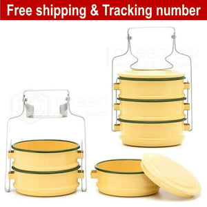 1x Enamel Tiffin Thai Lunch Bento Food Container Carrier Enamelware Pinto Yellow