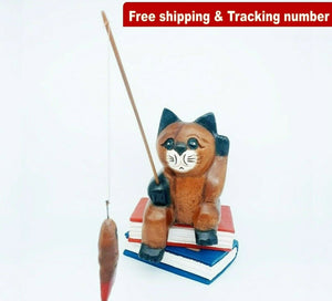 Vintage Gift Fishing Cat Hand Carved Wooden Statue Figurine Wood Home Decor New