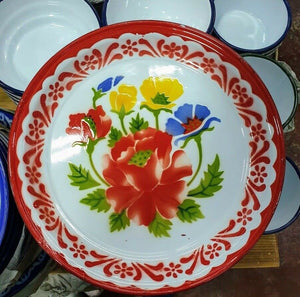 Set 8 Enamel Tray Thai Kitchenware Floral Pattern Vintage Art Decor Fruit Plate