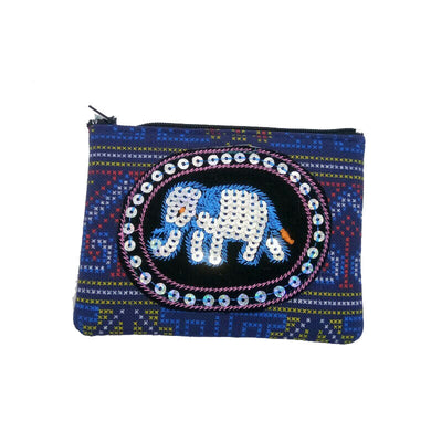 Purse Thai style Black Blue Elephant Fabric Handmade pattern animal charm gift