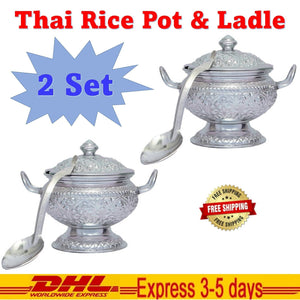 2Pcs Bowl Pot Rice Soup & Ladle Spoon Vintage Aluminum Curry Serving Thai Set
