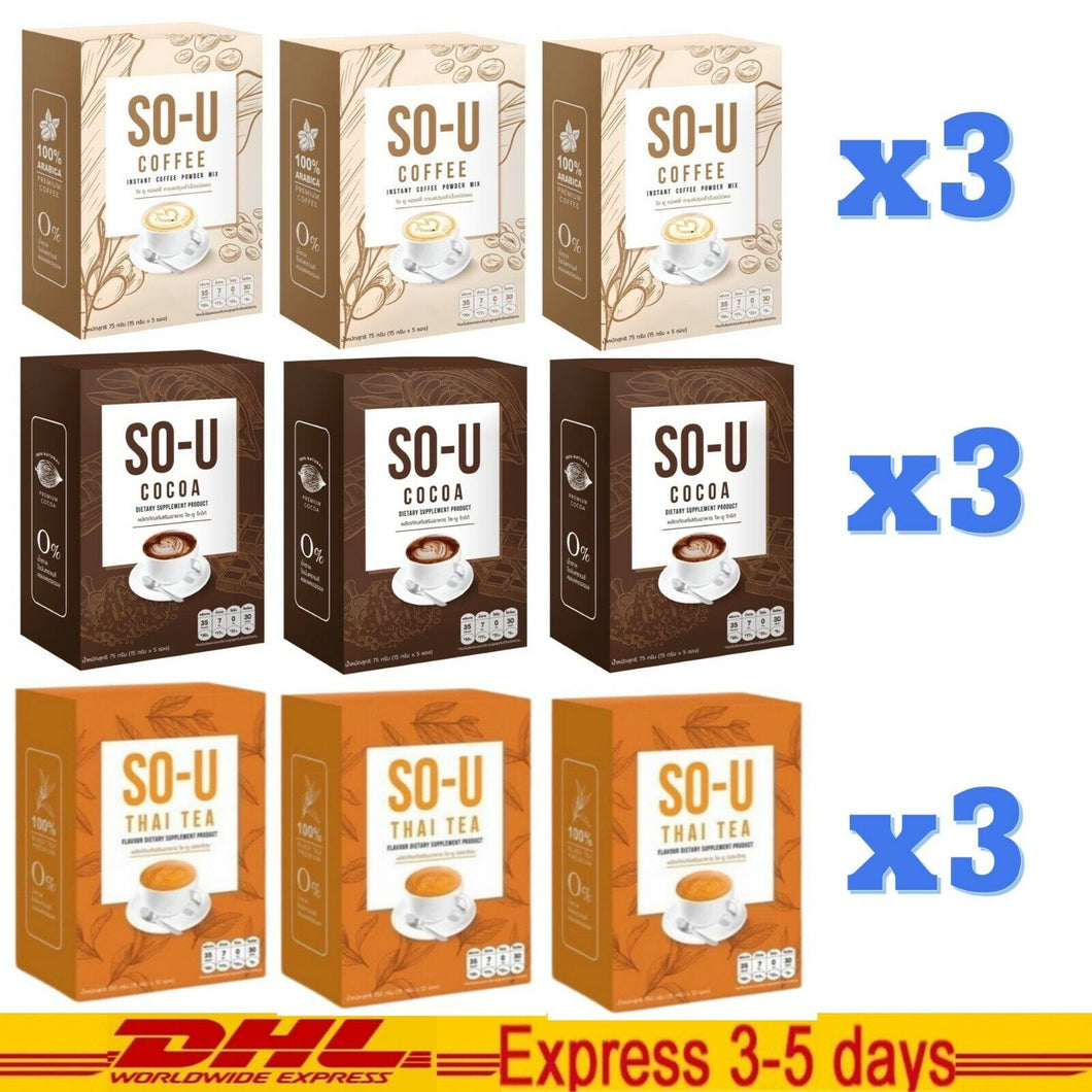 9x Instant Drink SO U Coffee Thai Tea Cocoa Flavor Beverage Slim Less Calories