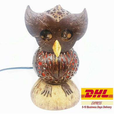 Owl Lamp Shade Table Bedside Desk Vintage Coconut Shell Wooden Home Decor Gift